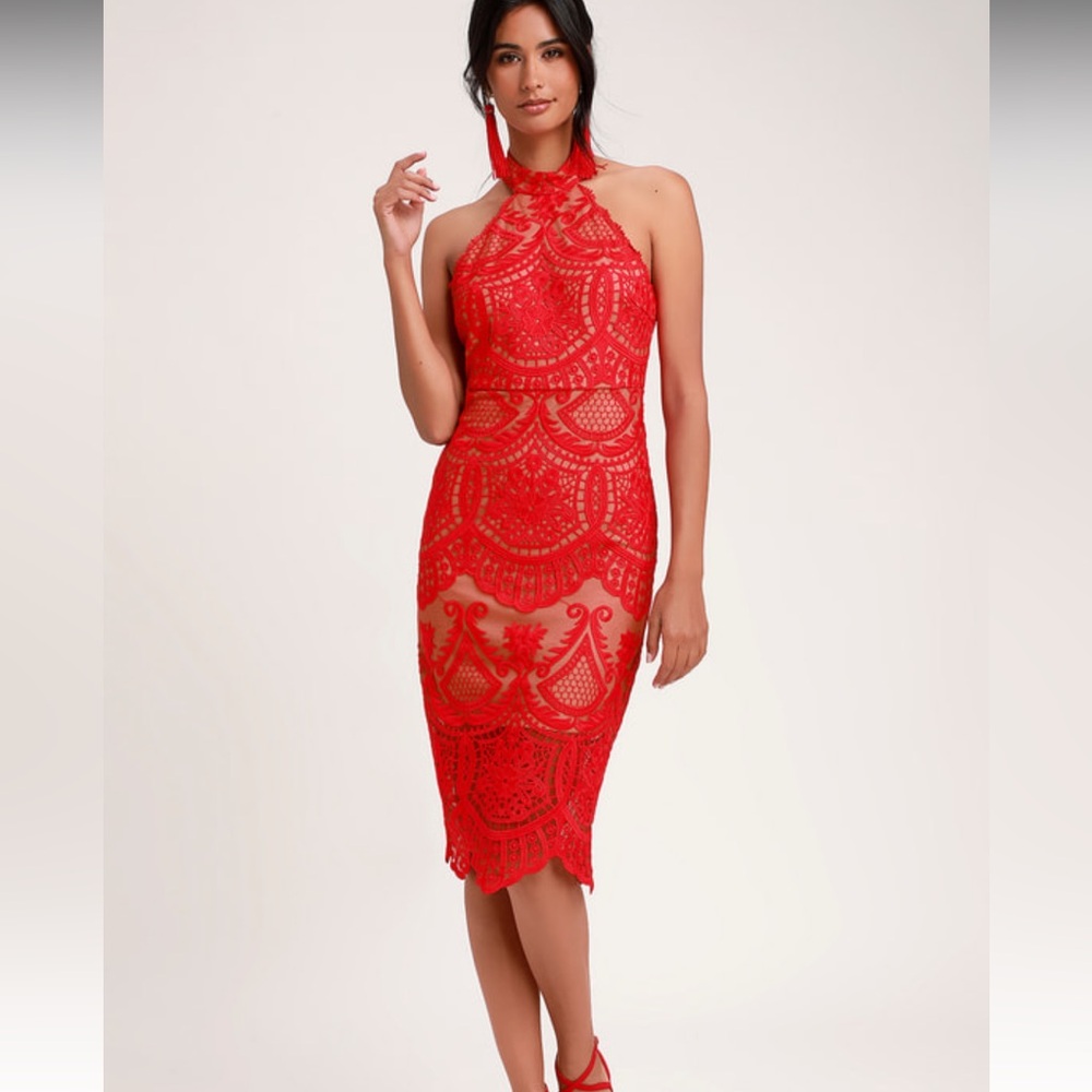 Celebrate Life Red Lace Halter Midi Dress